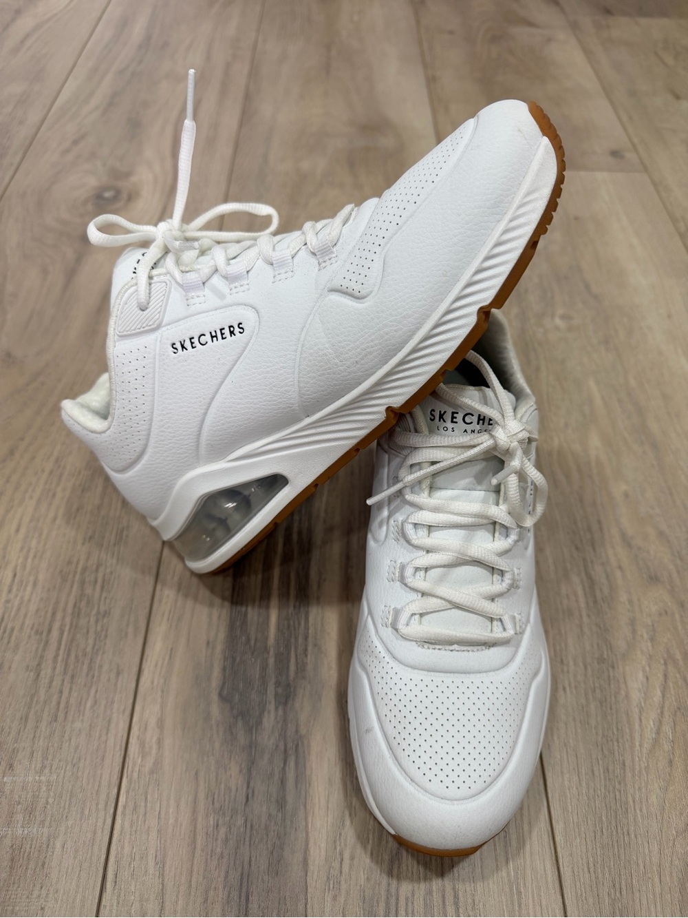 Women’s Skechers Uno White Sneakers with Gum Sole